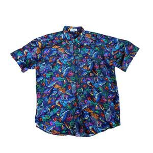 Vintage Fish AllOverPrint Shirt Silk Mens Medium